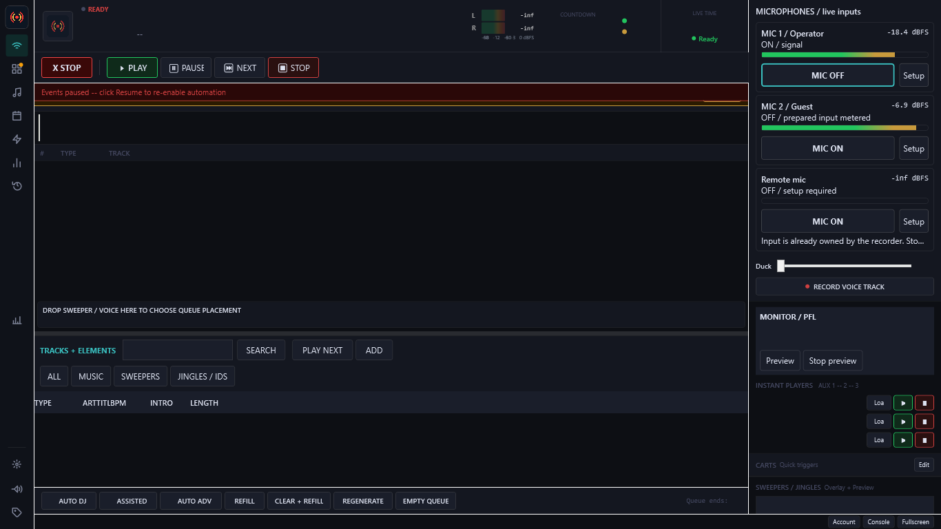 EZAiR desktop workspace showing playback, media library and studio controls.